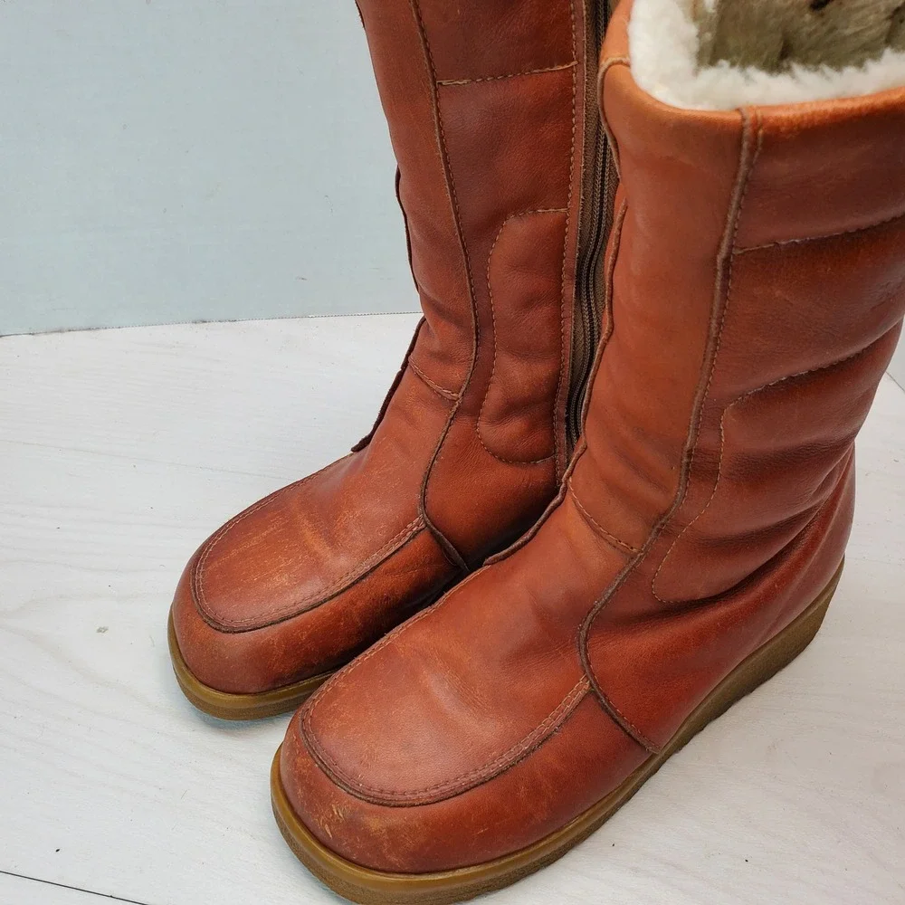 LL Bean Vintage Women 7 Cognac Leather Shearling Lined Winter Boots Canada Made